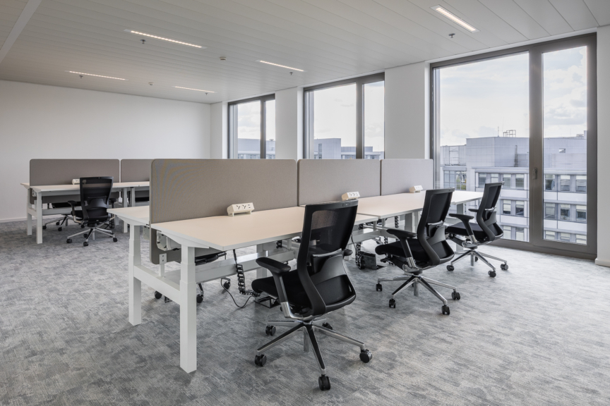 Espace de travail ouvert et épuré, offrant confort acoustique et luminosité naturelle pour les équipes