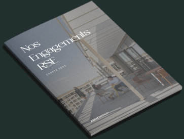 Couverture du rapport “Nos engagements RSE – Cahier 2025” d’ARCH, illustrée par une terrasse ensoleillée.